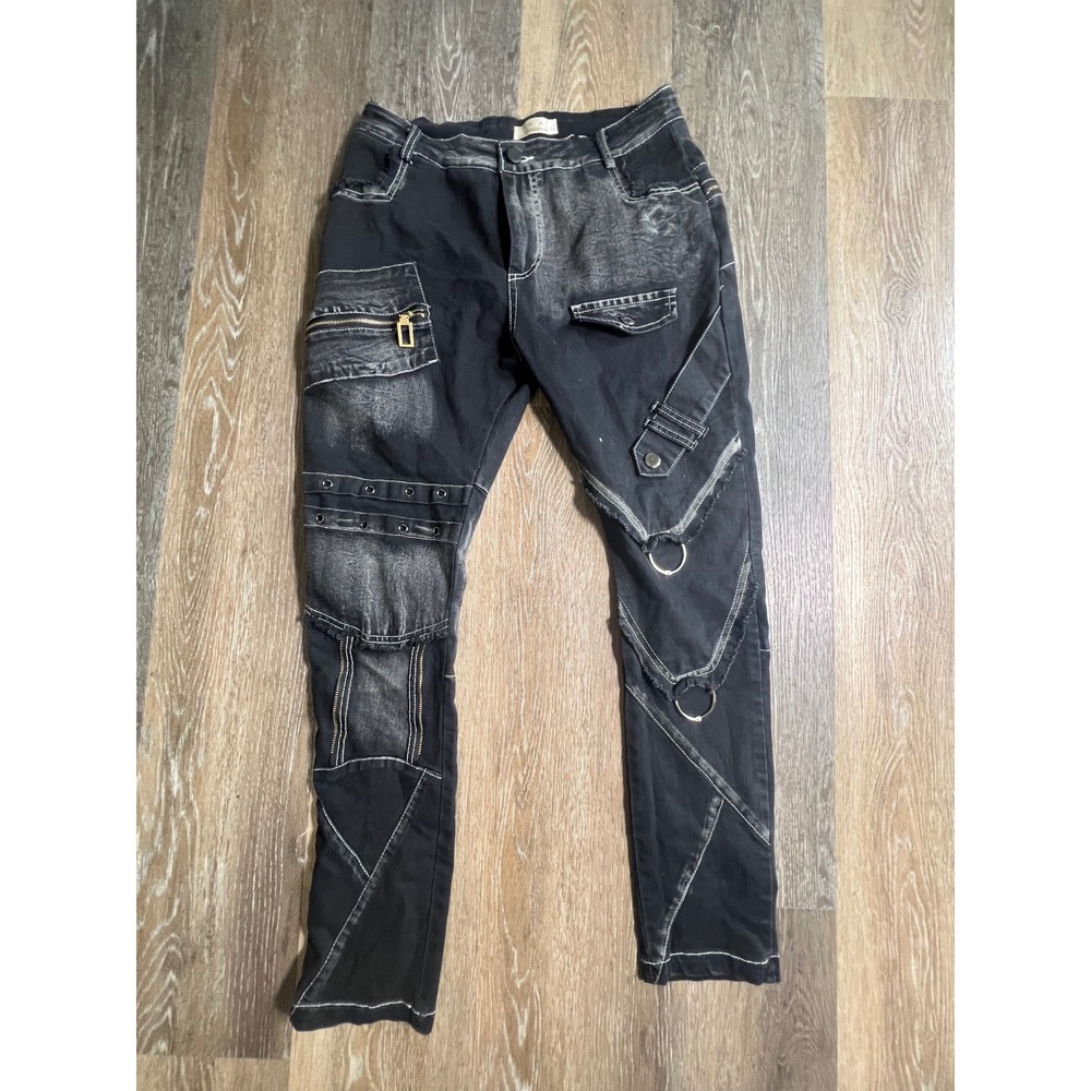 Shuanyan Patchwork Cargo Pants Mens 28 Black Excellent Punk Tactical Streetwear